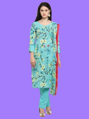 Printed Blue Color Dress Material In Cotton Fabric