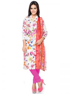 Printed White Color Dress Material In Cotton Fabric