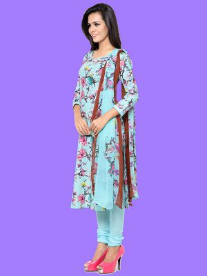 Printed Sky Blue Color Dress Material In Cotton Fabric