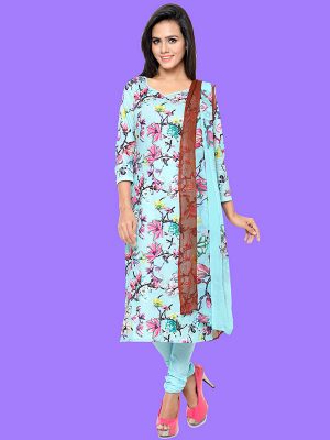 Printed Sky Blue Color Dress Material In Cotton Fabric