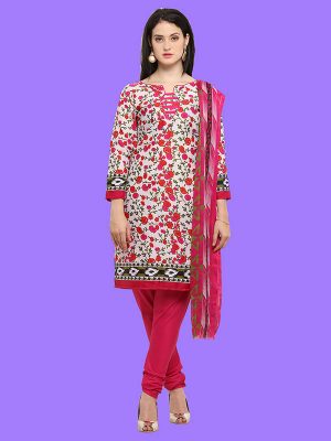 Printed Pink And White Color Dress Material In Cotton Fabric