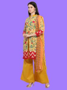 Printed Yellow And Beige Color Dress Material In Cotton Fabric