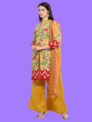 Printed Yellow And Beige Color Dress Material In Cotton Fabric