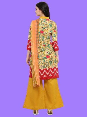 Printed Yellow And Beige Color Dress Material In Cotton Fabric
