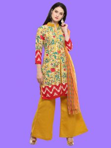 Printed Yellow And Beige Color Dress Material In Cotton Fabric