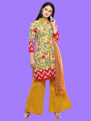 Printed Yellow And Beige Color Dress Material In Cotton Fabric