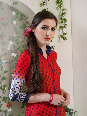 Printed Red Color Dress Material In Crepe Fabric