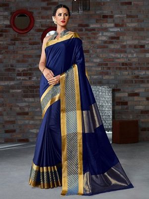 New Latest Designer Partywear Cotton Silk Royal Blue Colour Saree