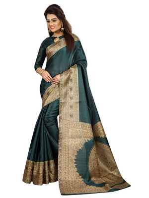 New Latest Designer Kalamkari Aqua Green Silk Saree