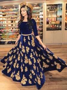 Women'S Blue Colour Velvet Lehenga Choli (Free Size )