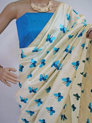 New Designer South Silk With Sky Blue Butterfly Saree