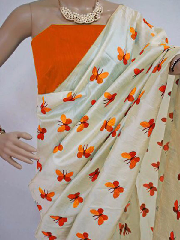 Trendy South Silk With Orange Butterfly Saree