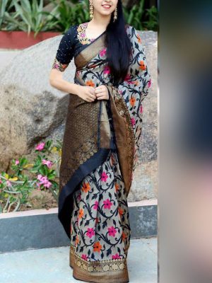 Latest Designer Navy Blue Printed Silk Saree In Low rate