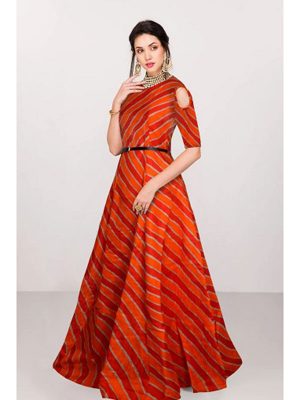 Exclusive Partywear Orange Colour Satin Silk Gown