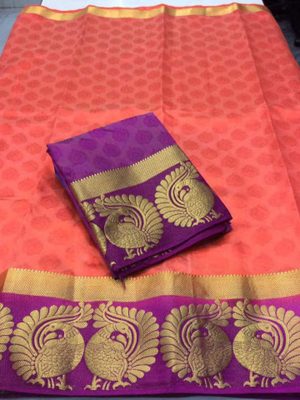 New Arrival Twin Mor Peach Colour Kanjivaram Silk Saree