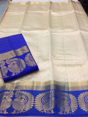 New Arrival Twin Mor White Colour Kanjivaram Silk Saree