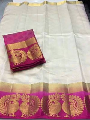 New Arrival Twin Mor White & Pink Colour Kanjivaram Silk Saree