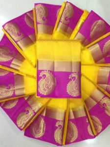 Traditional Designer Mango Yellow & Pink Colour Kanjivaram Silk Saree