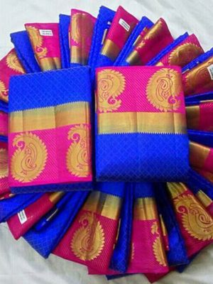 Traditional Designer Mango Blue & Pink Colour Kanjivaram Silk Saree