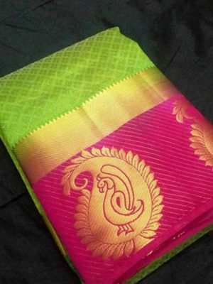 Traditional Designer Mango Green & Pink Colour Kanjivaram Silk Saree
