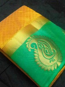 Traditional Designer Mango Mustard & Green Kanjivaram Silk Saree
