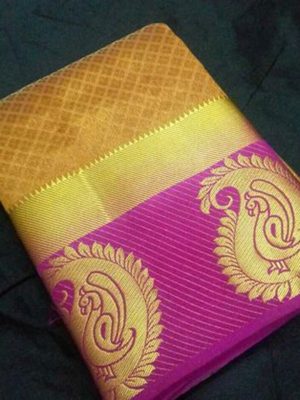 Traditional Designer Mango Mustard & Pink Colour Kanjivaram Silk Saree