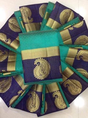 Traditional Designer Mango Rama & Blue Colour Kanjivaram Silk Saree