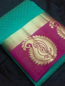 Traditional Designer Mango Rama & Pink Colour Kanjivaram Silk Saree