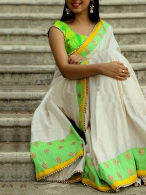 Trendy Partywear White & Green Colour Chanderi Cotton Saree