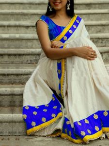 Trendy Partywear White & Blue Colour Chanderi Cotton Saree