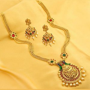 Designer Laxmi Temple Peacock Gold Plated Necklace Set For Women