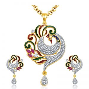 Sensational Peacock Rhodium Plated Ruby Necklace Set