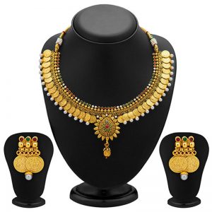 Stylish Eye catchy Gold Plated Temple Coin Necklace Set For Women
