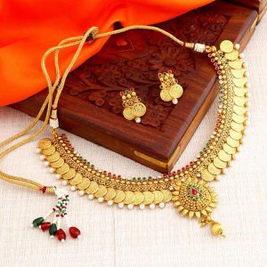 Stylish Eye catchy Gold Plated Temple Coin Necklace Set For Women