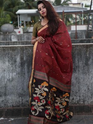 Maroon Linen Silk Wedding Wear Butti Work Saree