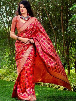 Red Banarasi Silk Wedding Wear Printed Work Saree