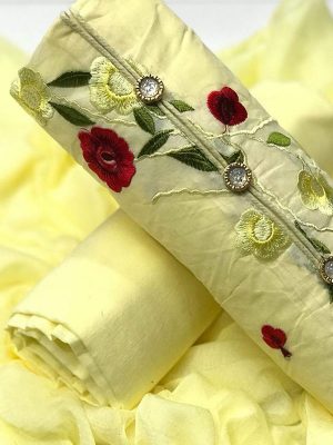 Yellow Cotton Regular Wear Embroidery Work Salwar Suit
