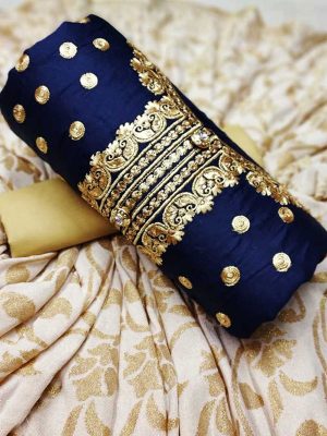 Navy Blue Glace Cotton Silk Casual Wear Embroidery Work Salwar Suit