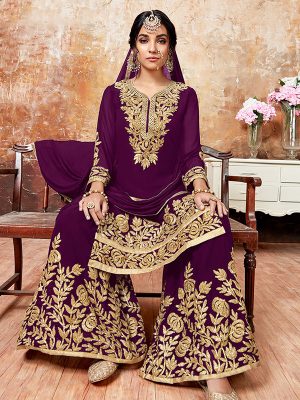 Wine Faux Georgette Wedding Wear Embroidery Work Sharara Style