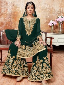 Green Faux Georgette Wedding Wear Embroidery Work Sharara Style