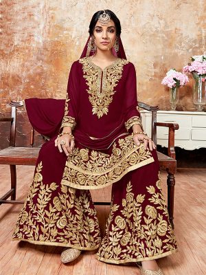 Maroon Faux Georgette Wedding Wear Embroidery Work Sharara Style