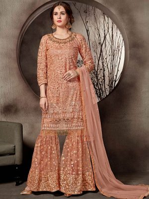 Peach Net Wedding Wear Heavy Embroidery Work Sharara Suit