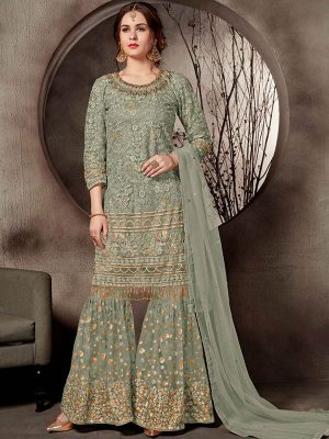 Turquoise Net Wedding Wear Heavy Embroidery Work Sharara Suit