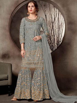 Grey Net Wedding Wear Heavy Embroidery Work Sharara Suit