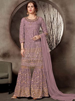 Purple Net Wedding Wear Heavy Embroidery Work Sharara Suit
