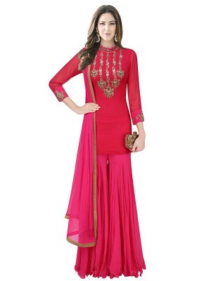 Red Crepe Silk Hand Work Designer Short Shirt With Sharara