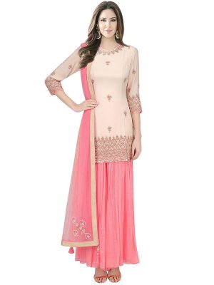 Light Peach Silk Sequence Work Designer Sharara Suit