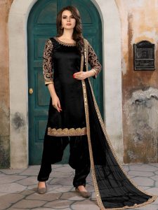 Black Art Silk Party Wear Heavy Embroidery Work Patiala Style