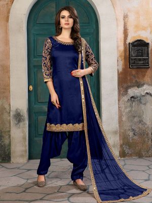 Blue Art Silk Party Wear Heavy Embroidery Work Patiala Style