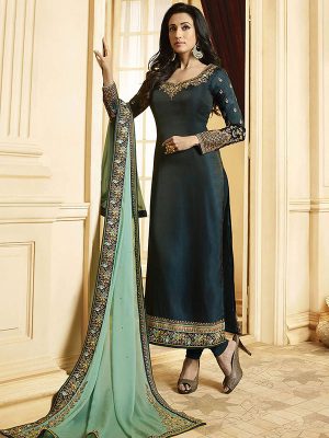 Prussian Blue Georgette Silk Party Wear Embroidery Work Churidar Suit